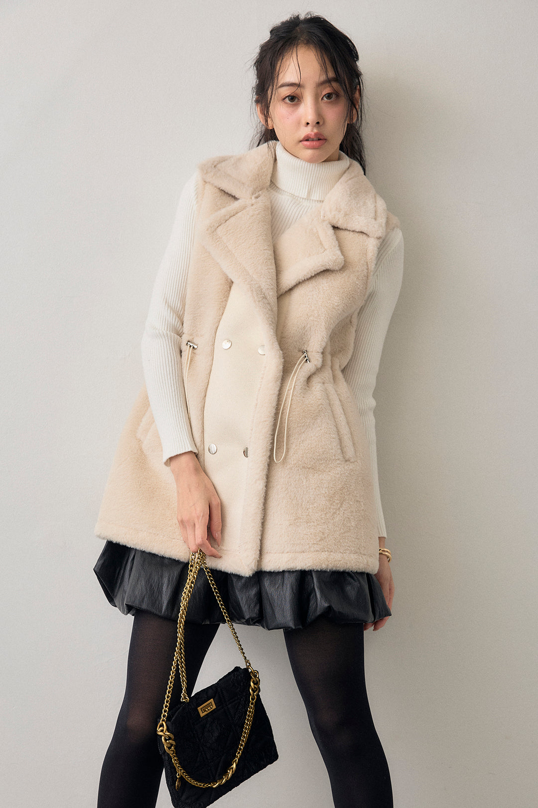 [予約/SET]ベーシックリブタートルニット+テディボアウエストドロストベスト+フェイクレザーティアードバルーンミニスカート(3set)