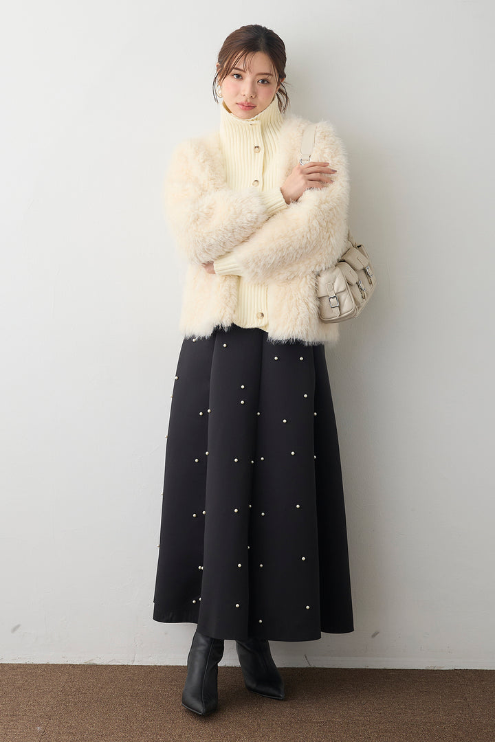 [予約/SET]シャギーファー×リブニットミックスジャケット+マルチパターンボンディングフレアスカート(2set)