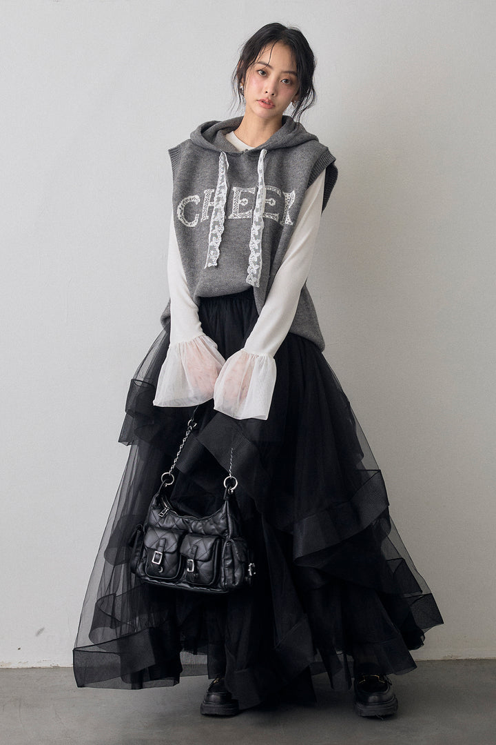 [予約/SET]レースリボンロゴフードスリーブレスニット+ランダムフリルティアードボリュームスカート(2set)