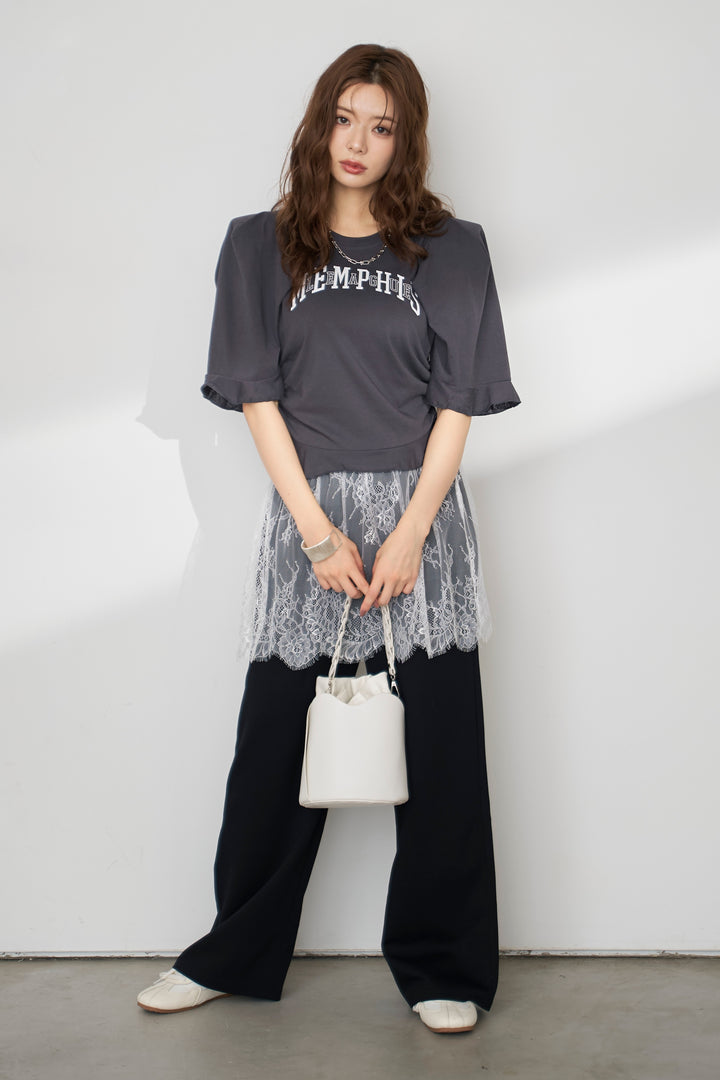 [予約/SET]ロゴパフスリーブデザインTシャツ+繊細レースレイヤードパンツ(2set)