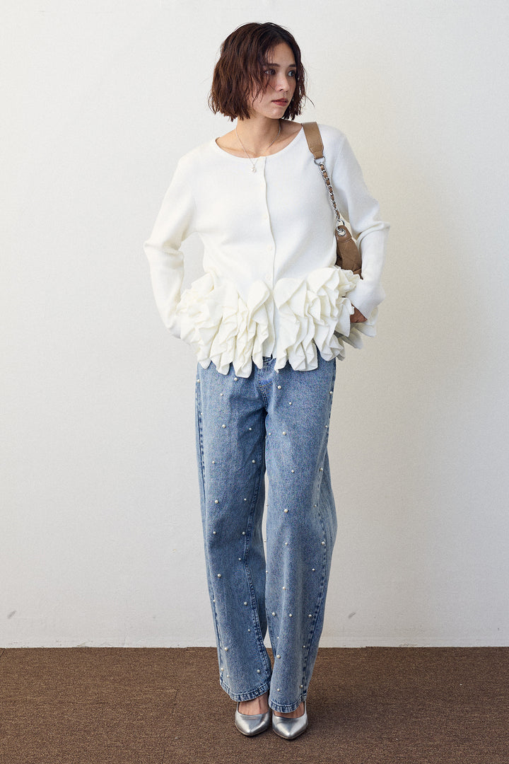 [予約/SET]フリルホイップニットカーディガン+パールスタッズストレートハイウエストデニム(2set)