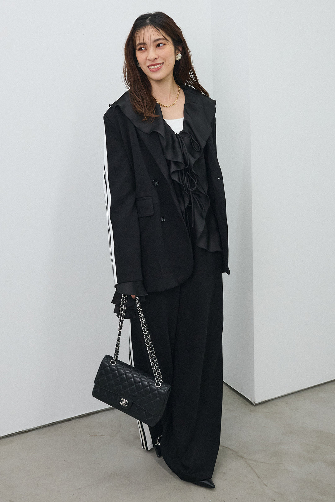 [予約/SET]サテンフリルベルスリーブブラウス+サイドラインマニッシュセットアップ(2set)