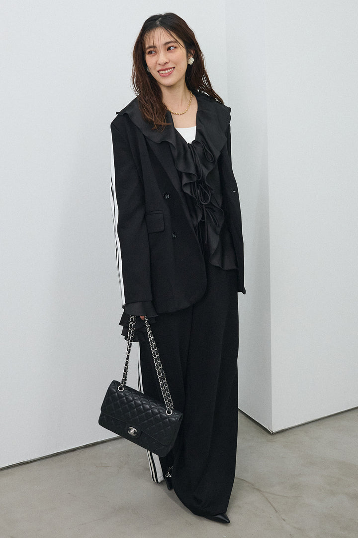 [予約/SET]サテンフリルベルスリーブブラウス+サイドラインマニッシュセットアップ(2set)