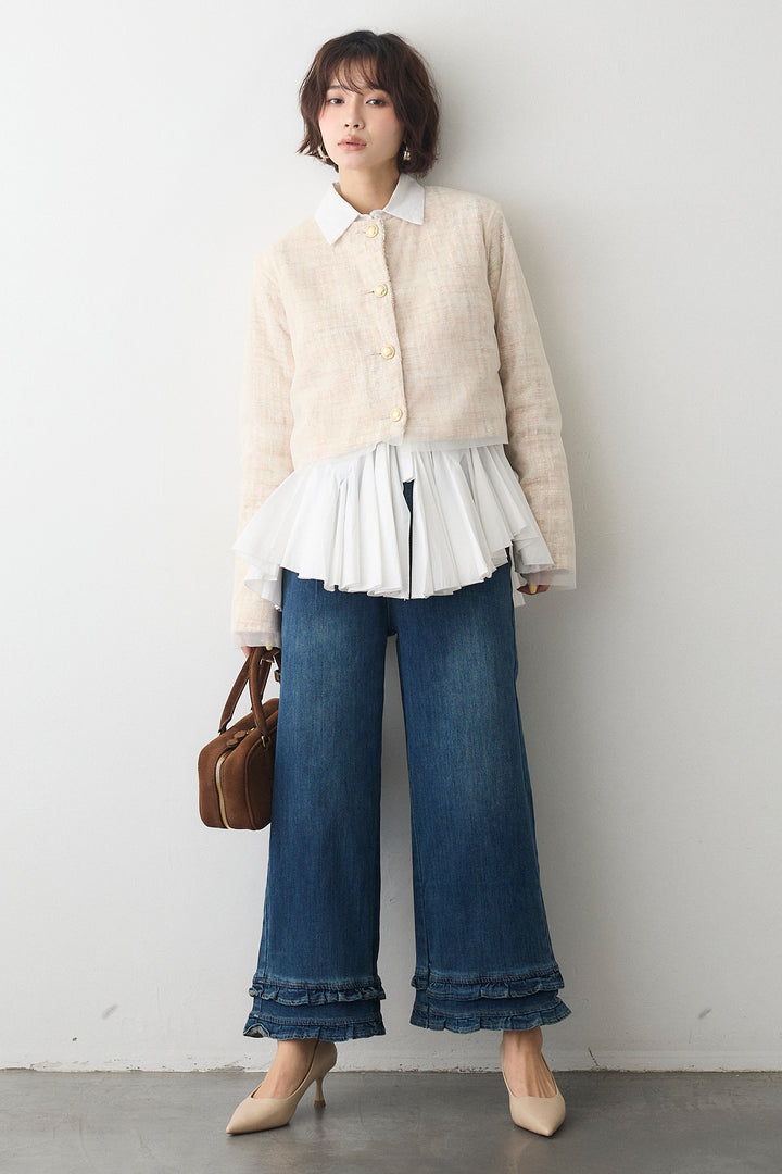 [予約/SET]ツイード×チュールレイヤードクロップドジャケット+フリルヘムデニムパンツ(2set)