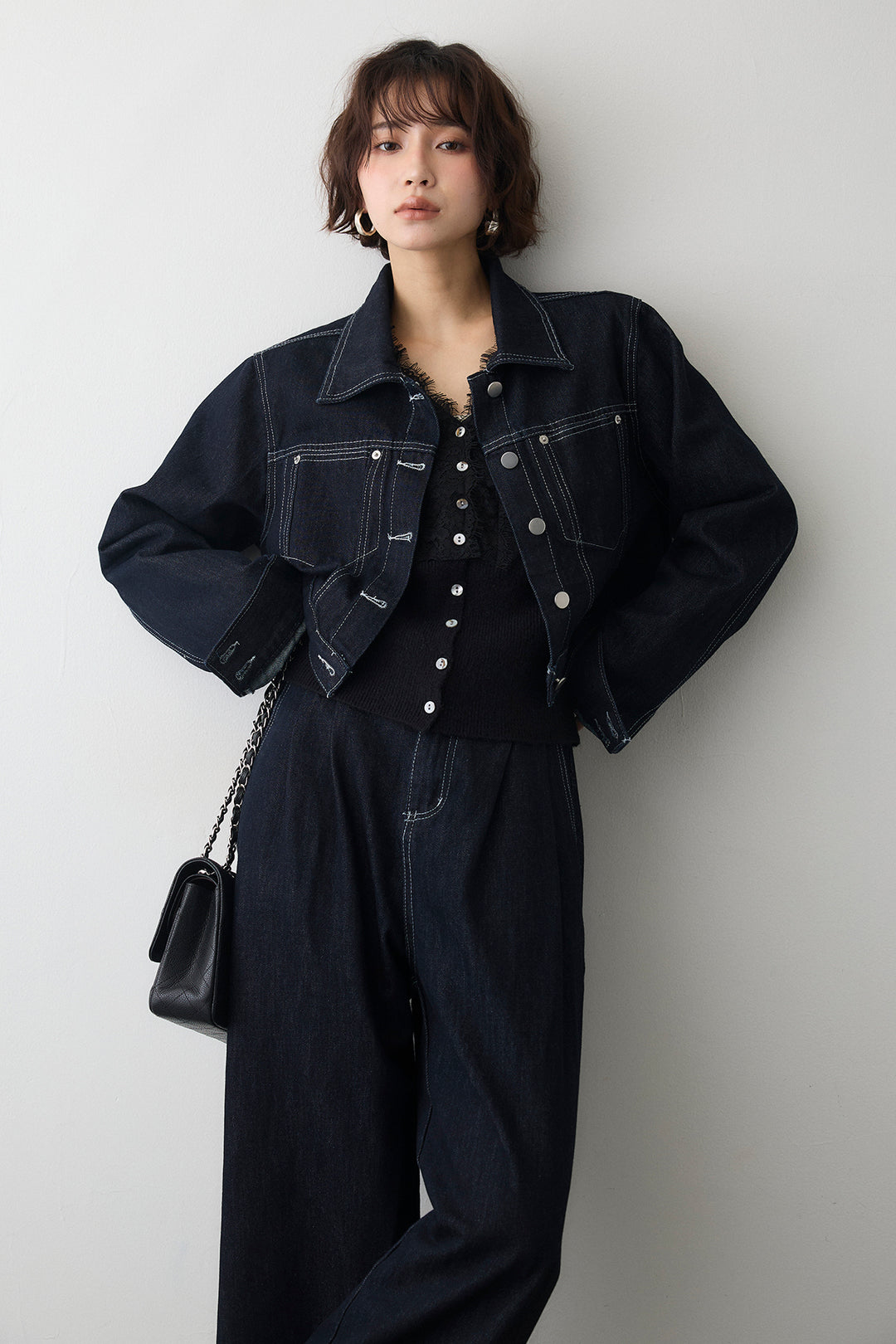 [予約/SET]レースVラインボタンニット+クロップドデニムセットアップ(2set)