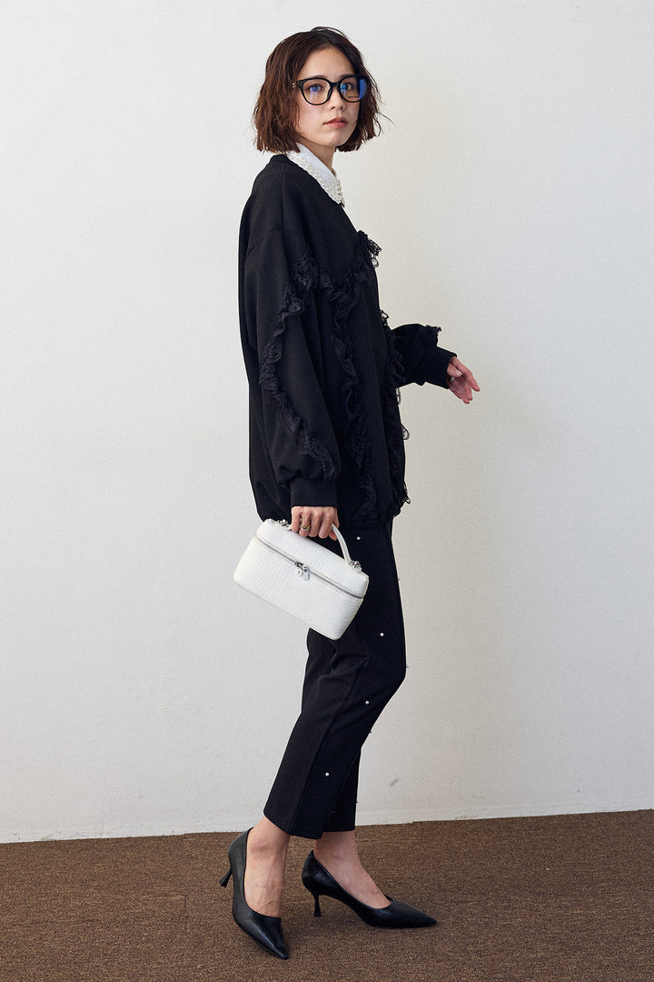 [予約/SET]2連パール付け襟+レースフリルランダムラインスウェット+センターシームランダムパールパンツ(3set)