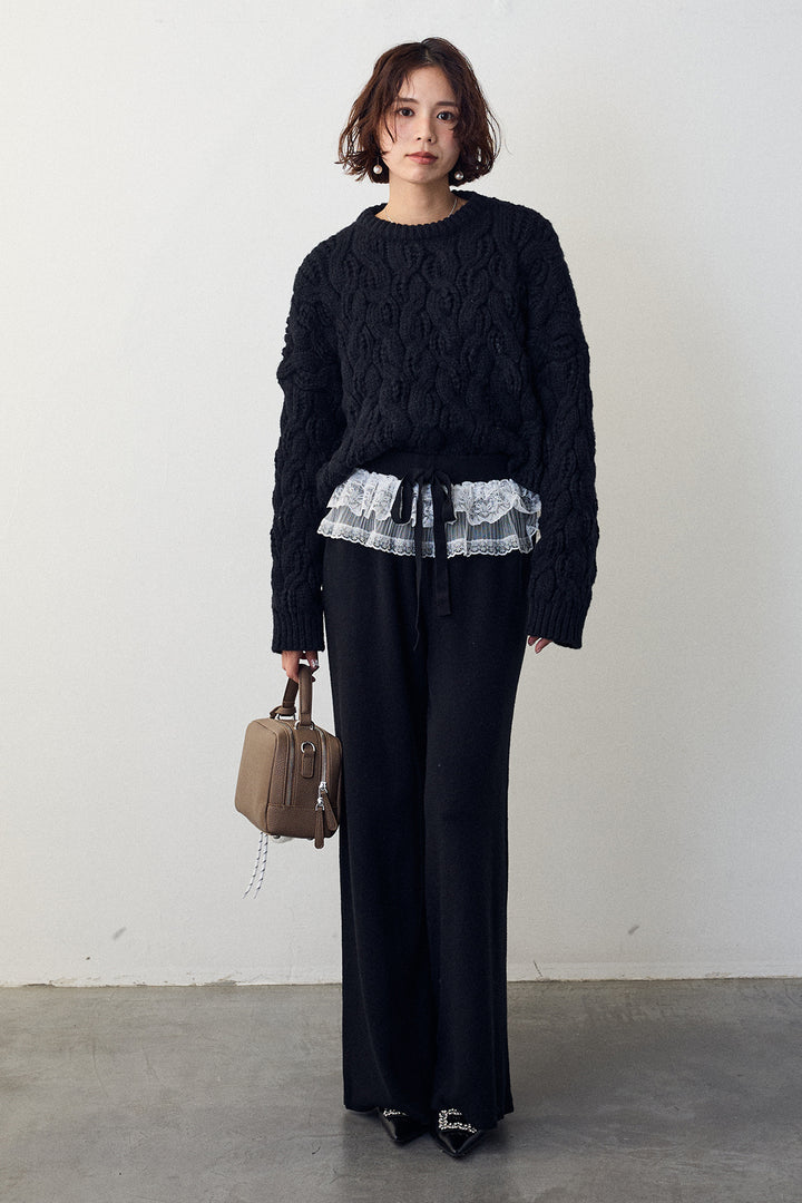 [予約/SET]ニュアンスケーブルクロップドニット+ウエストレースニットストレートパンツ(2set)