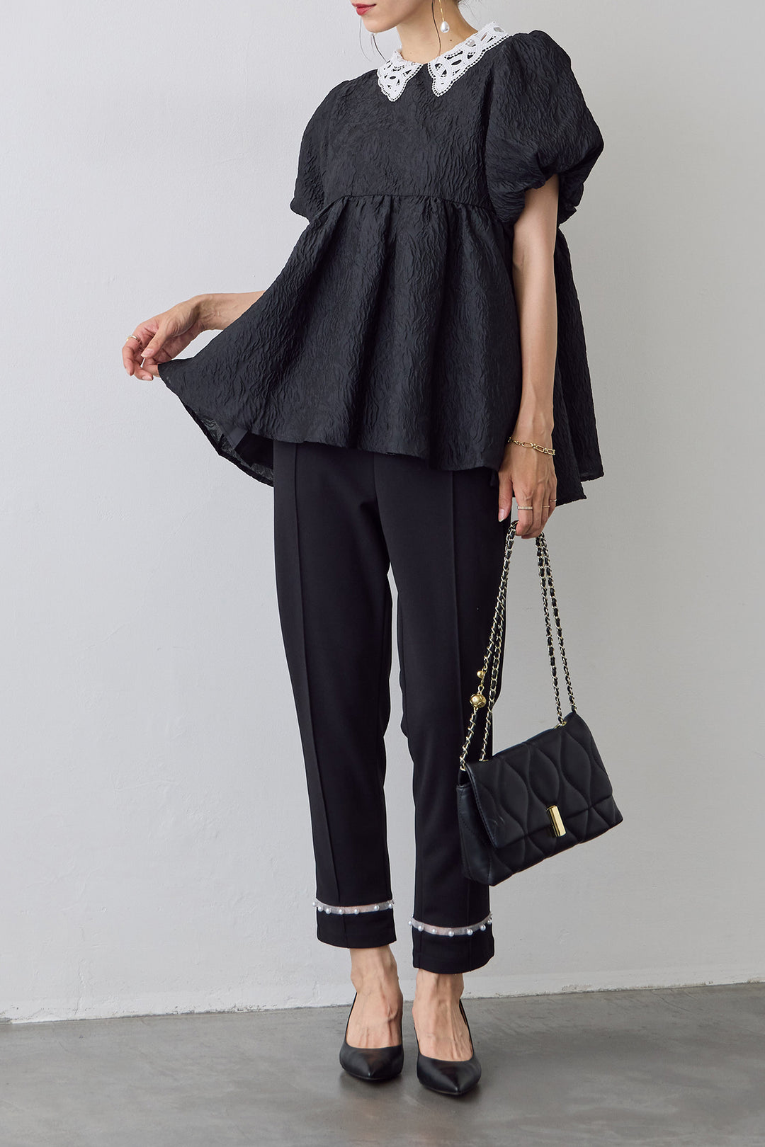 [予約/SET]レース襟パフスリーブワッシャーブラウス+シアーパールヘムテーパードパンツ(2set)