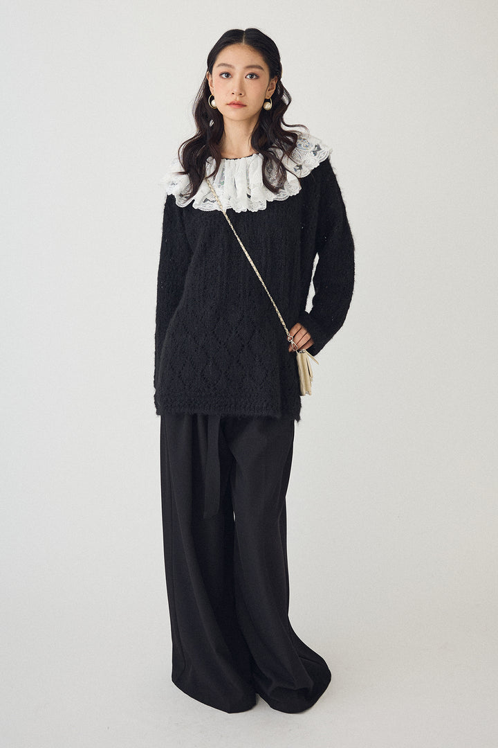 [予約/SET]ダブルレースカラードッキングニット+とろみタックハイウエストタックワイドパンツ(2set)