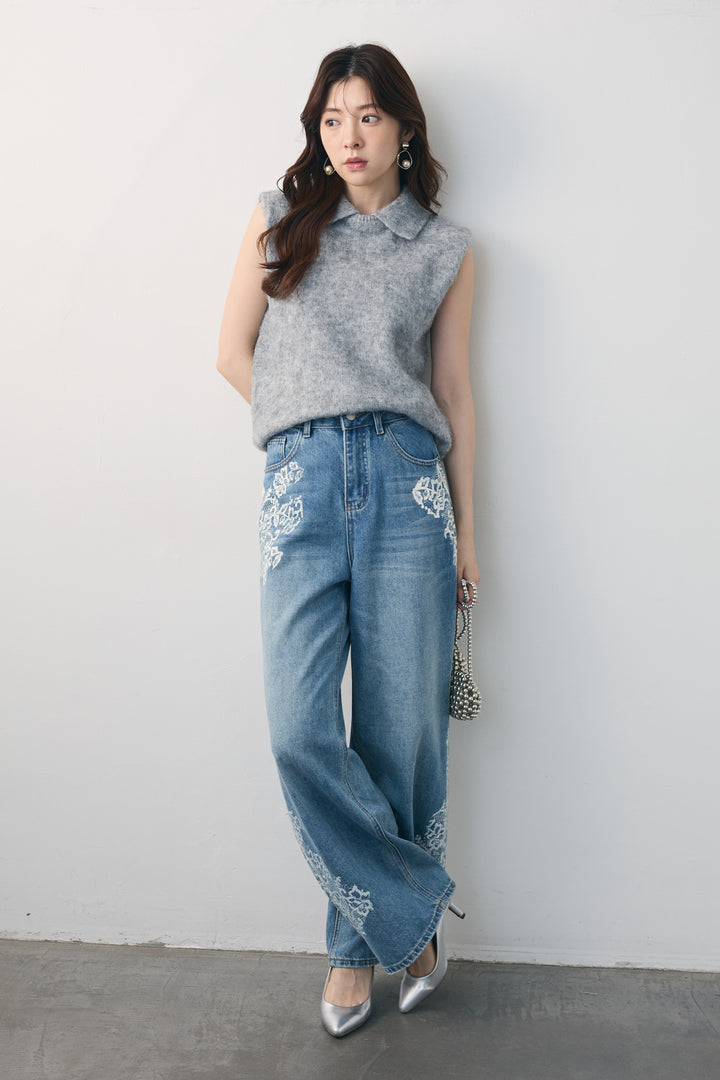 [予約/SET]モヘア起毛ポロベスト+レースプリントデザインデニムパンツ(2set)