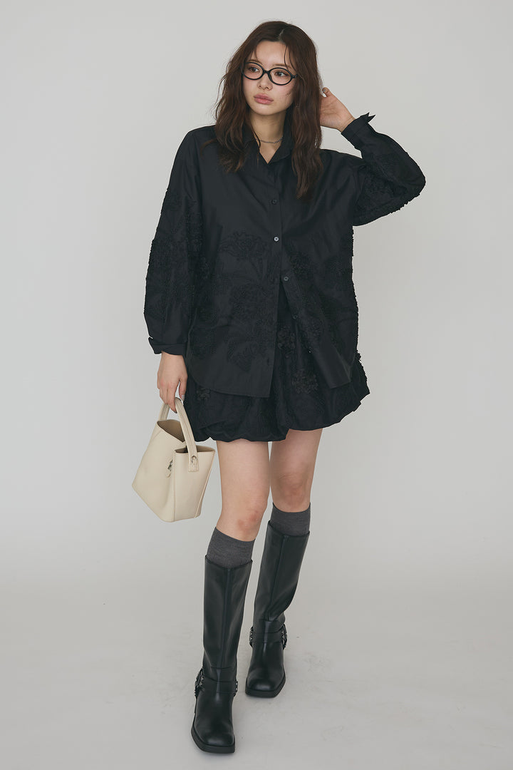 [予約/SET]フラワー刺繍モチーフオーバーシャツ+フラワー刺繍バルーンスカート(2set)