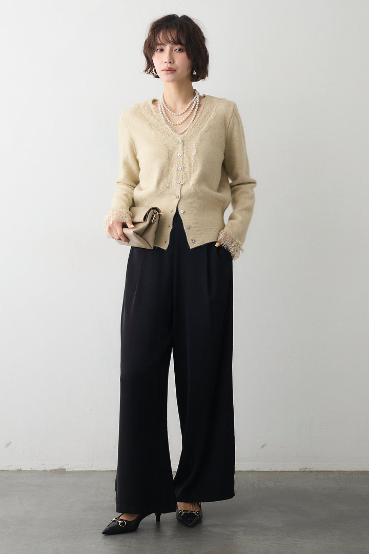 [予約/SET]レースVラインボタンニット+とろみドロストワイドパンツ(2set)