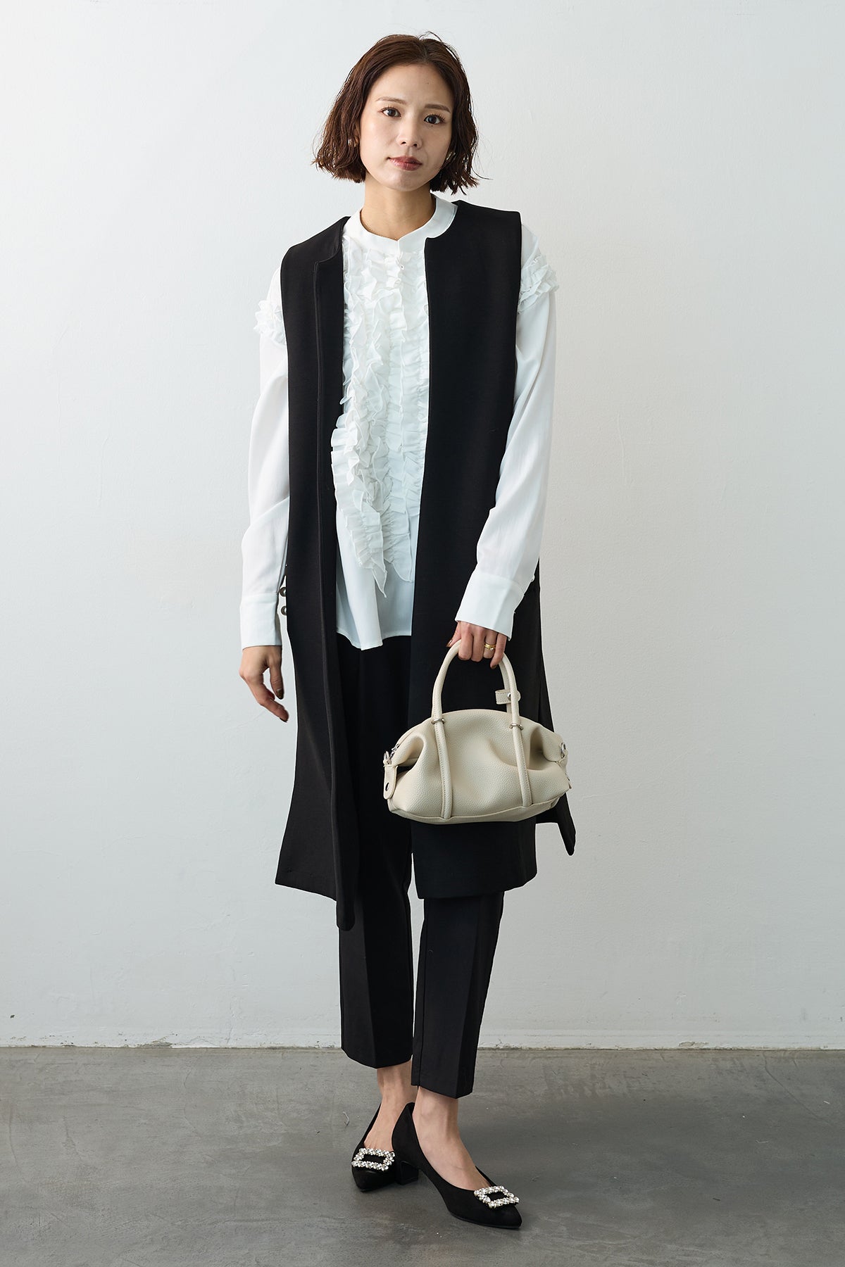 予約/SET]Iラインフリルホイップブラウス+ポケットパール付き