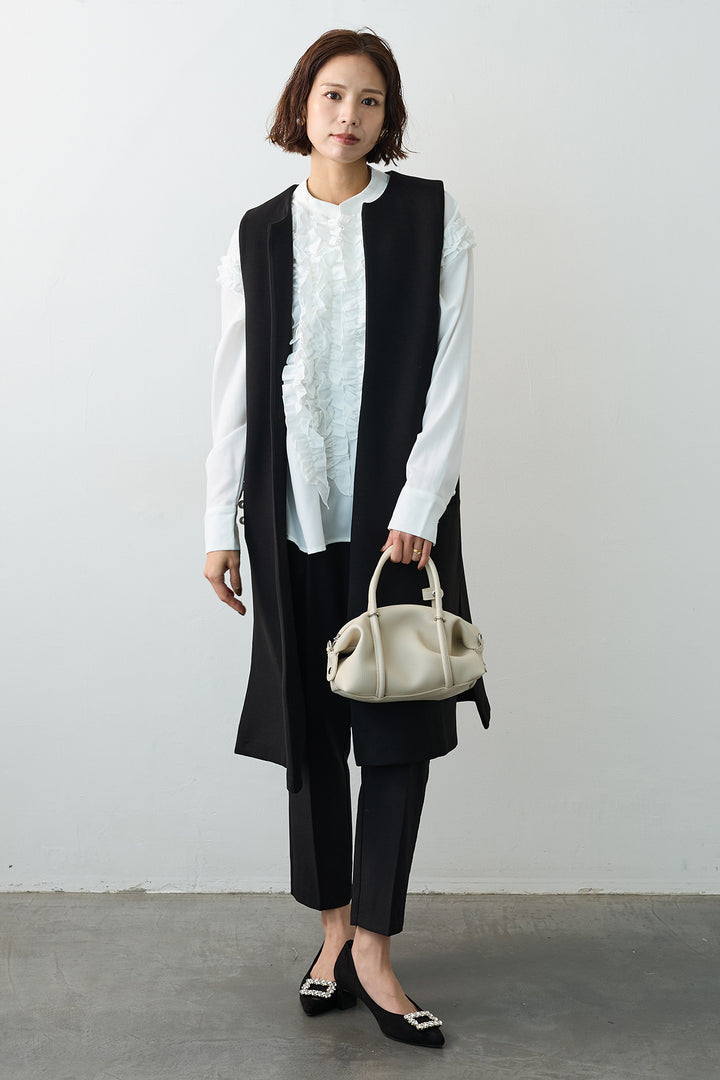 [予約/SET]Iラインフリルホイップブラウス+ポケットパール付きボンディングロングベスト+タックテーパードパンツ(3set)