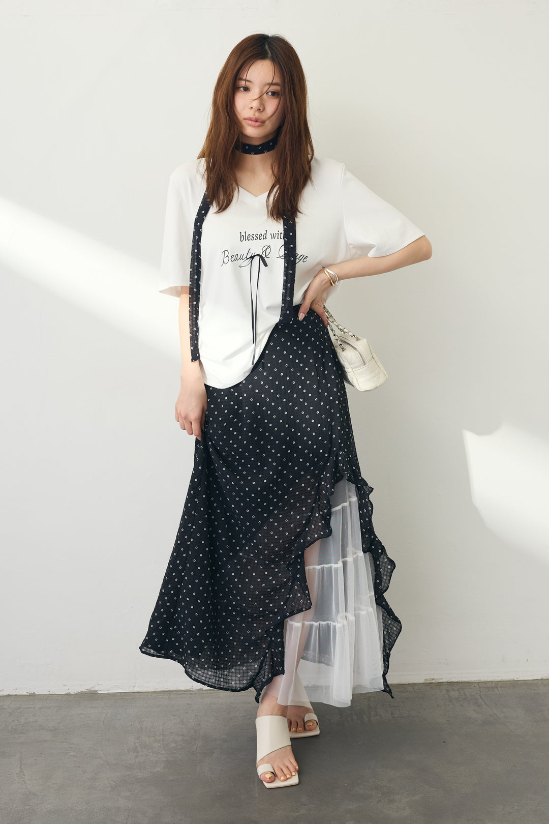 [予約]ポイントリボンTシャツドットスカートセット