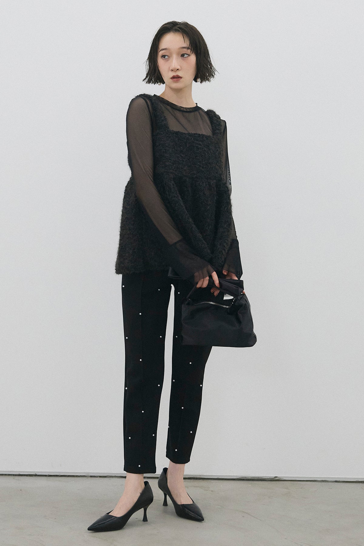 予約/SET]シアーメッシュフレアスリーブトップス+ブークレシャギー