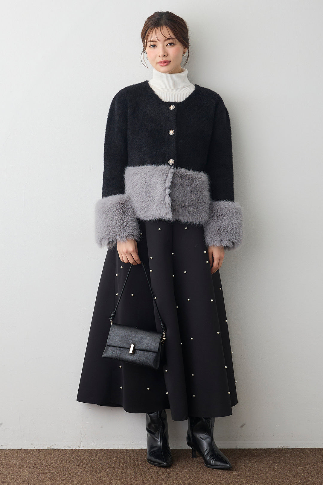 [予約/SET]配色ファードッキングコート+マルチパターンボンディングフレアスカート(2set)