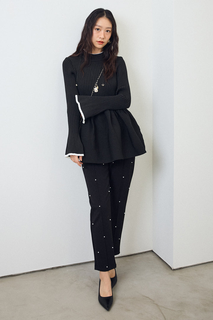 [予約/SET]リブフレア配色スリーブペプラムニット+センターシームランダムパールパンツ(2set)