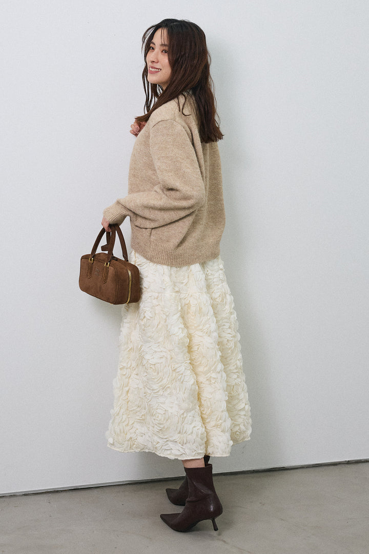 [予約/SET]配色レイヤードニットカーデ+ローズフラワー立体フレアスカート(2set)