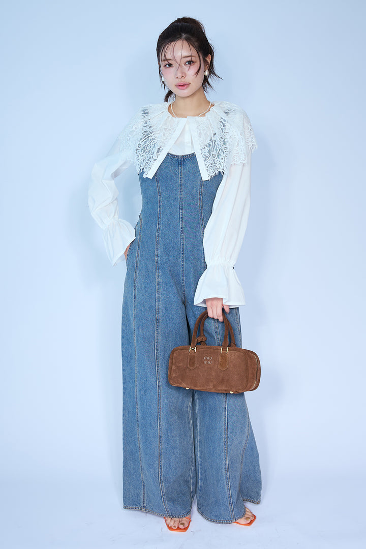 [予約/SET]繊細レースカラーキャンディースリーブブラウス+美ラインデニムサロペット(2set)