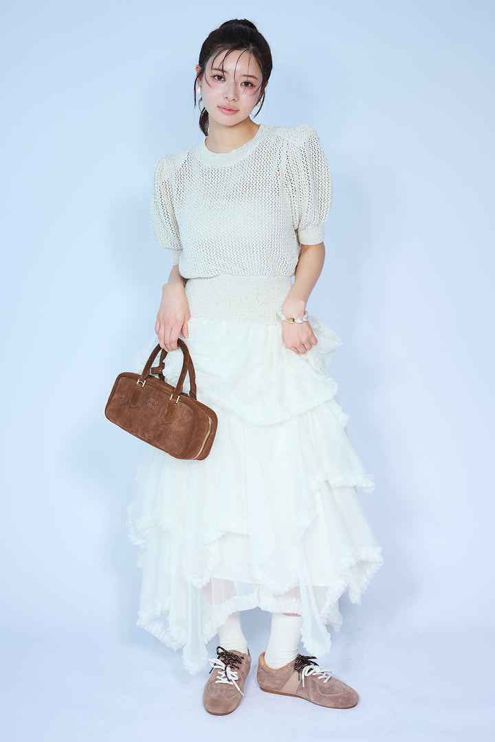 [予約/SET]ラメ混パフスリーブハーフスリーブニット+ムードチュールフリルスカート(2set)
