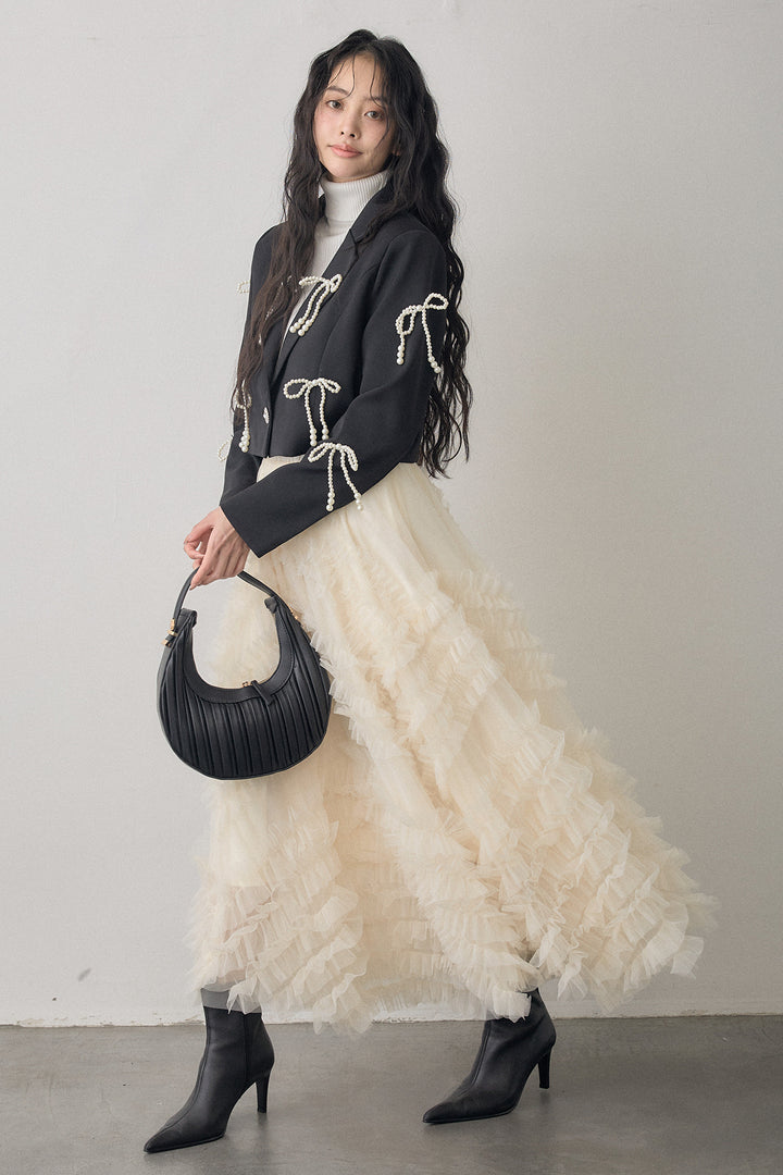 [予約/SET]ベーシックリブタートルニット+パールリボンクロップドジャケット+スフレアシメチュールスカート(3set)