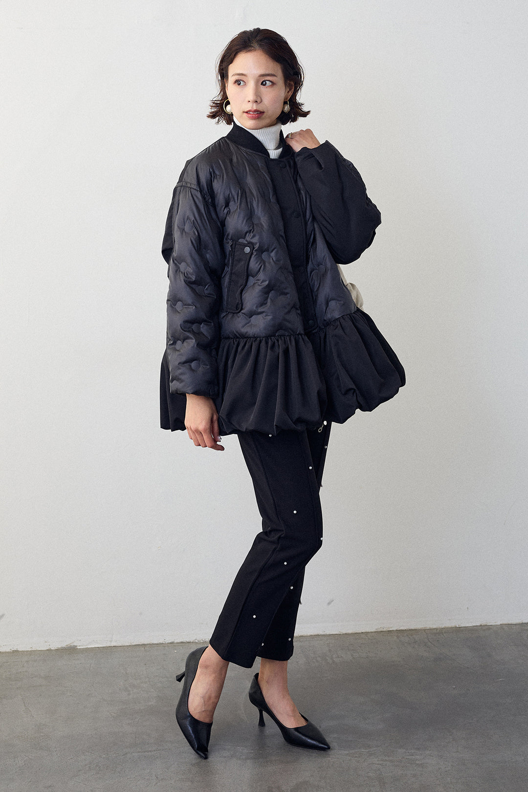 [予約/SET]ヘムギャザードットキルティング中綿フレアコート+センターシームランダムパールパンツ(2set)