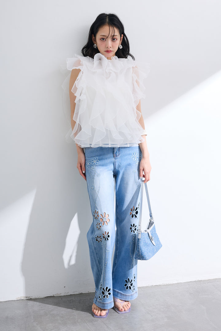 [予約]フラワーカットワークエンブロイダリーデニムパンツ