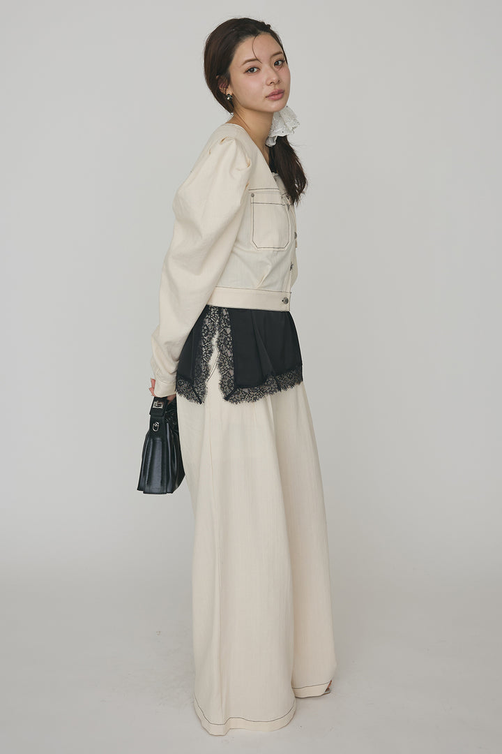 [予約/SET]マットサテンレースキャミソール+ステッチパフスリーブクロップドジャケット+ステッチデザインハイウエストデニムパンツ(3set)