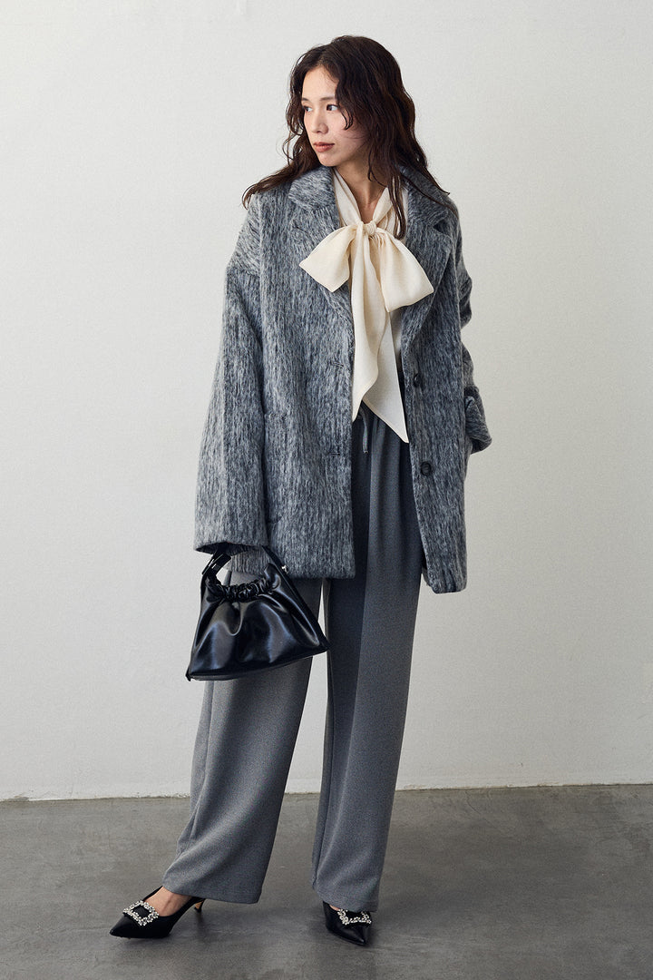 [予約/SET]前後2wayリボンシアーブラウス+シャギーミドル丈コート+2タック美シルエットパンツ(3set)