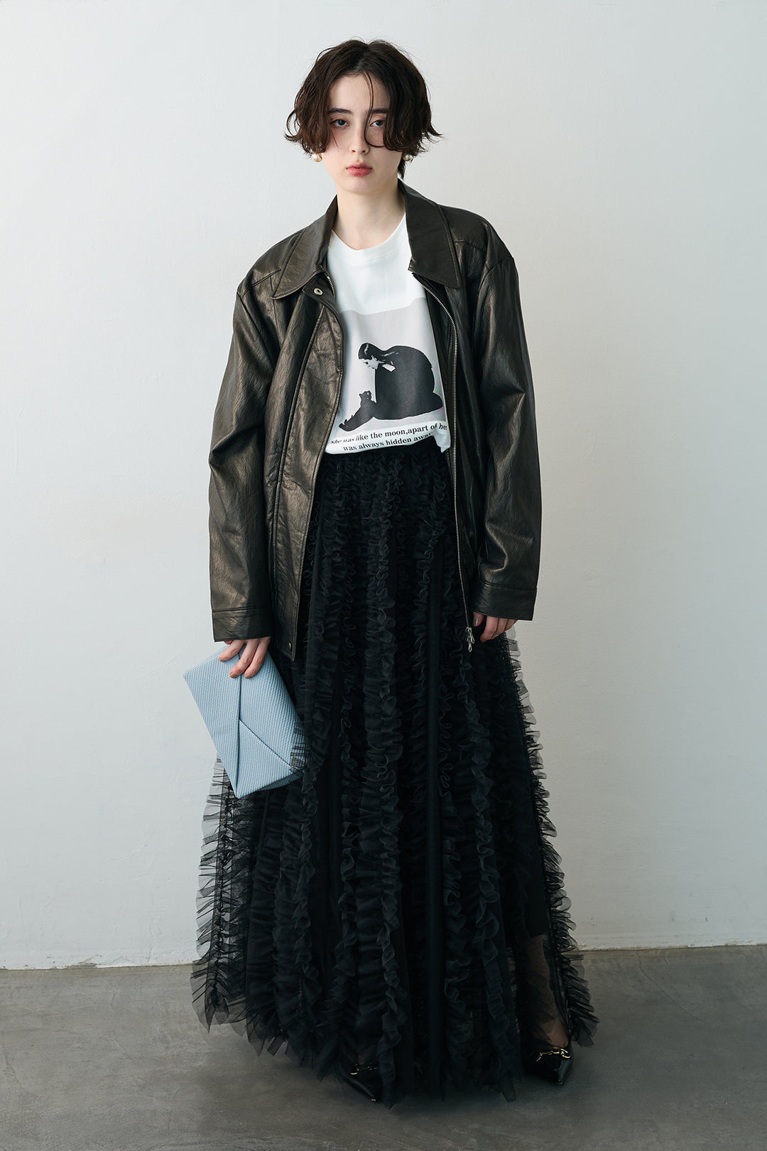 [予約/SET]グロッシーワッシャーレザーライクジャケット+Iラインホイップチュールスカート(2set)