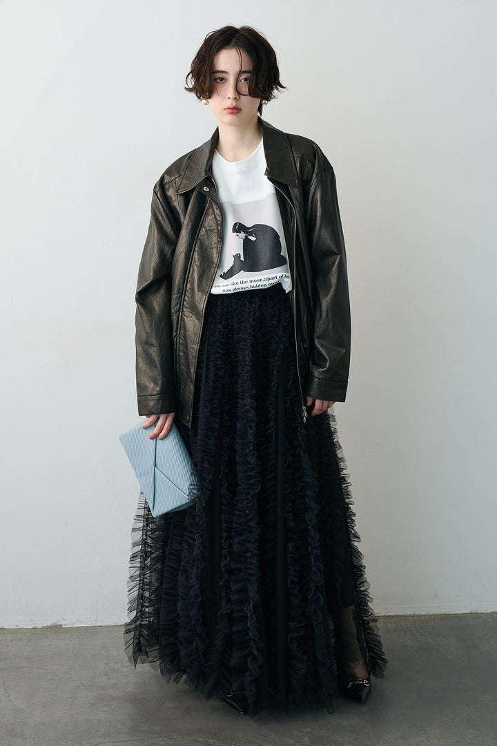 [予約/SET]グロッシーワッシャーレザーライクジャケット+Iラインホイップチュールスカート(2set)