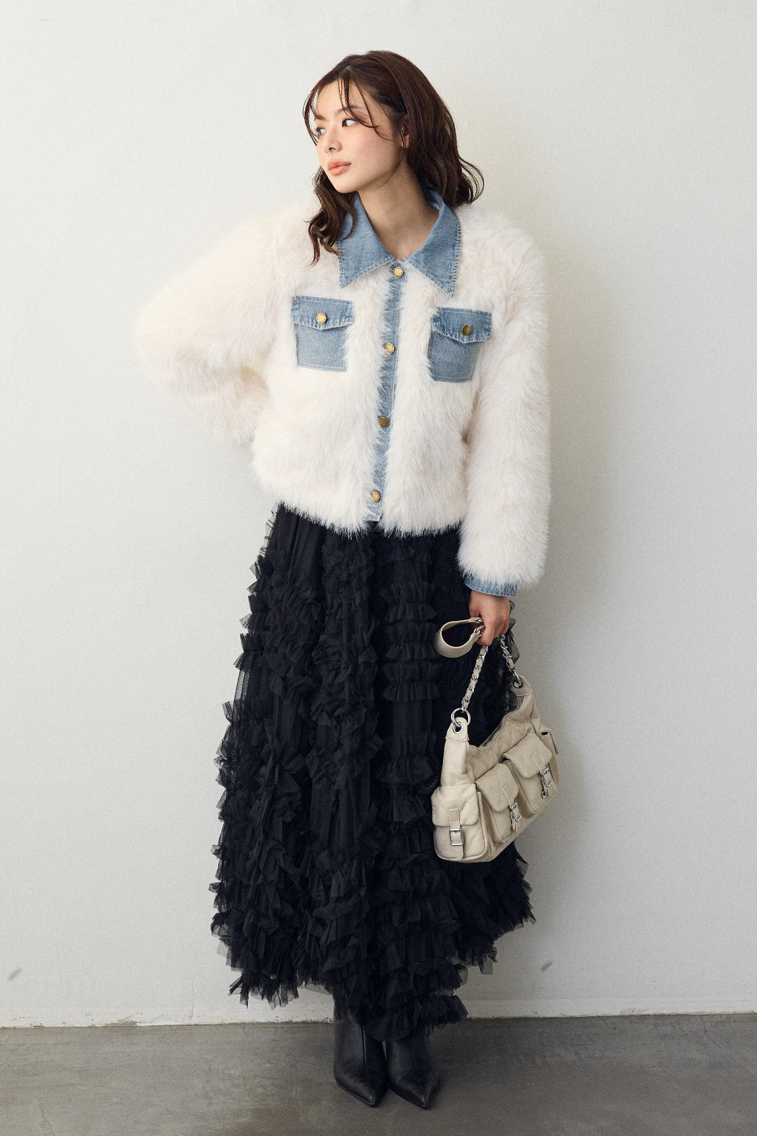 [予約/SET]デニムシャツドッキングファージャケット+スフレアシメチュールスカート(2set)