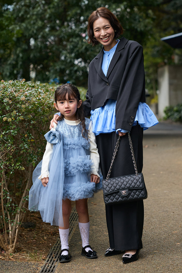 [予約/親子SET][kids]スパンコールリボンホイップチュールワンピセット+フリルヘムスリーブブラウス+クロップドマニッシュシンプルジャケット+ツイルシンプルストレートパンツ(4set)