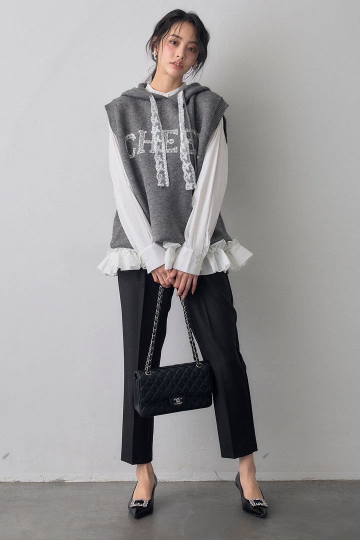 [予約/SET]パネルフレアヘムシャツ+レースリボンロゴフードスリーブレスニット(2set)