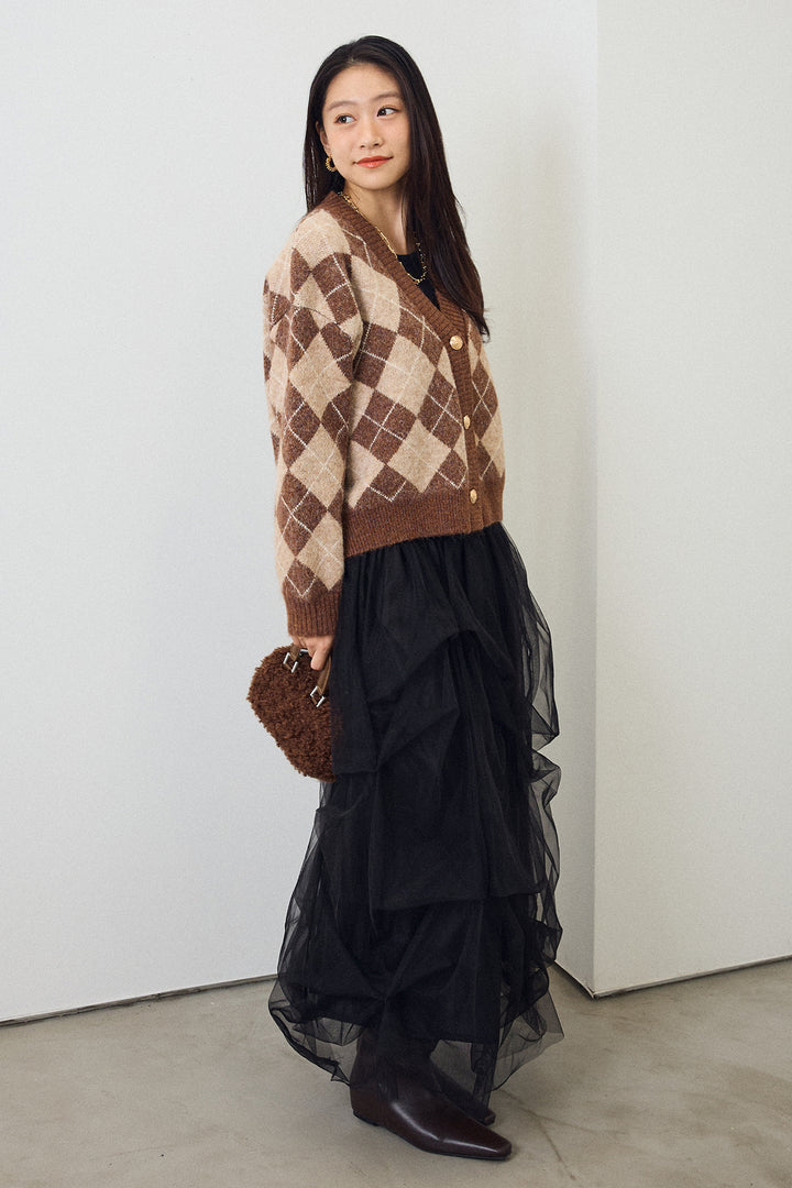 [予約/SET]アーガイル柄ゴールドボタンニットカーデ+マルチパターンタックチュールスカート(2set)