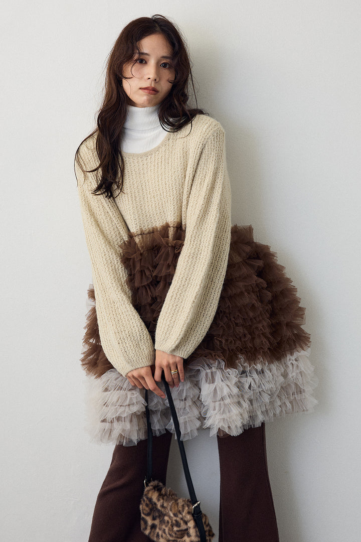 [予約/SET]ホイップチュールドッキングニットワンピ+リブストレッチフレアニットパンツ(2set)