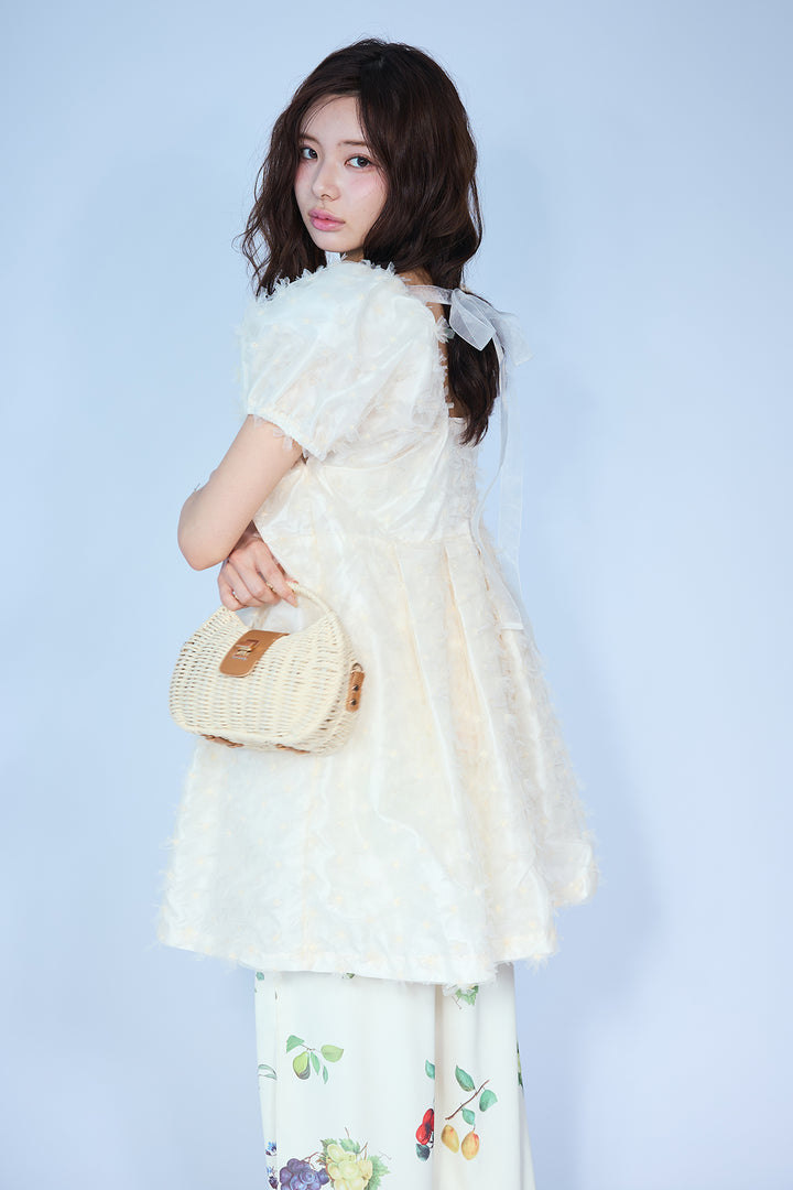[予約/SET]フラワージャカードパフスリーブチュニック+フルーツパターンストレートパンツ(2set)