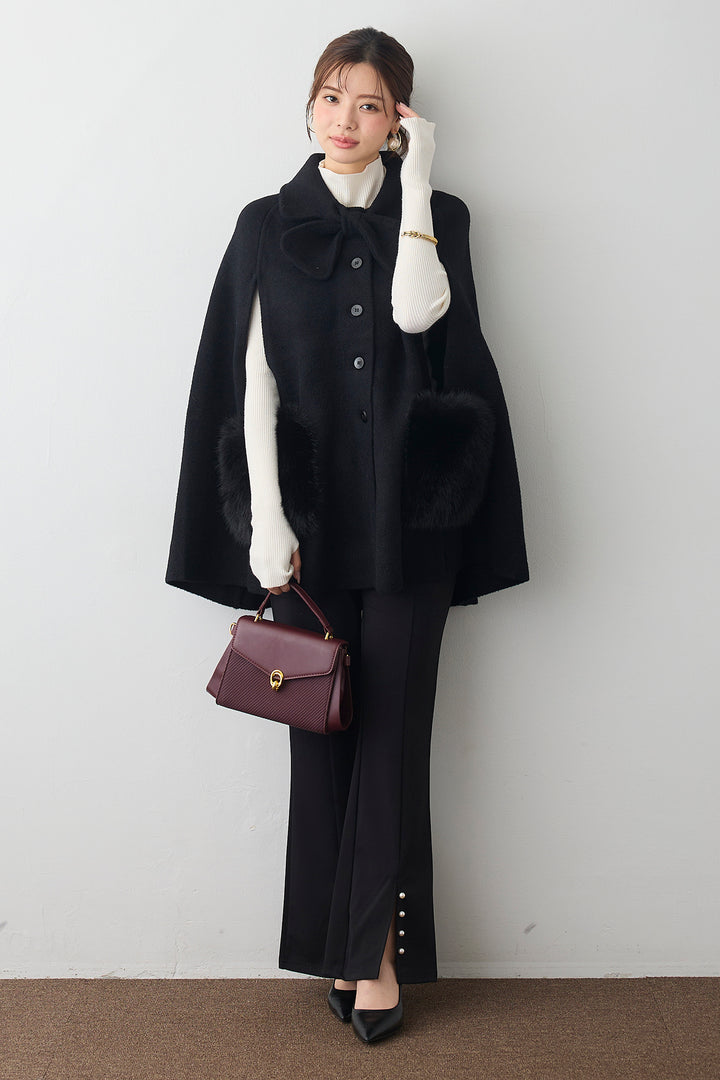 [予約/SET]ベーシックフィンガーホールリブニット+ウールタッチファーポケットポンチョコート+センタースリットパールパンツ(3set)