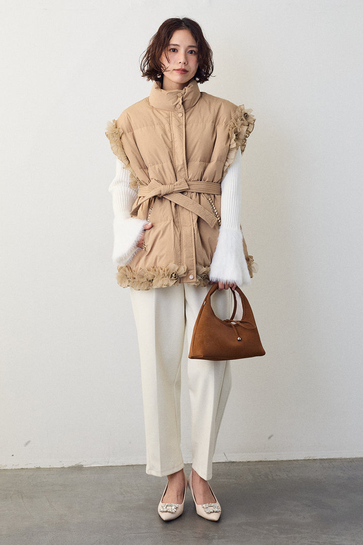 [予約/SET]フェザー切替スリーブフレアニット+フリルチュールスリーブ美ラインベスト(2set)