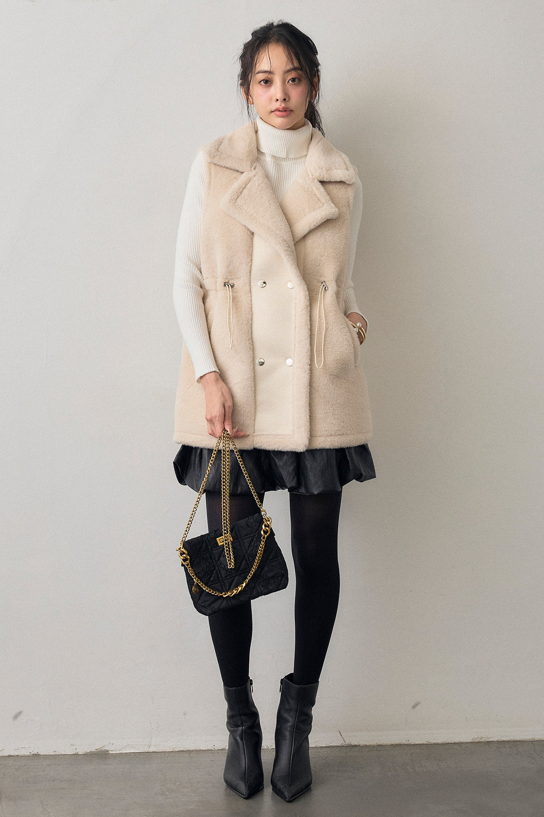 [予約/SET]テディボアウエストドロストベスト+フェイクレザーティアードバルーンミニスカート(2set)