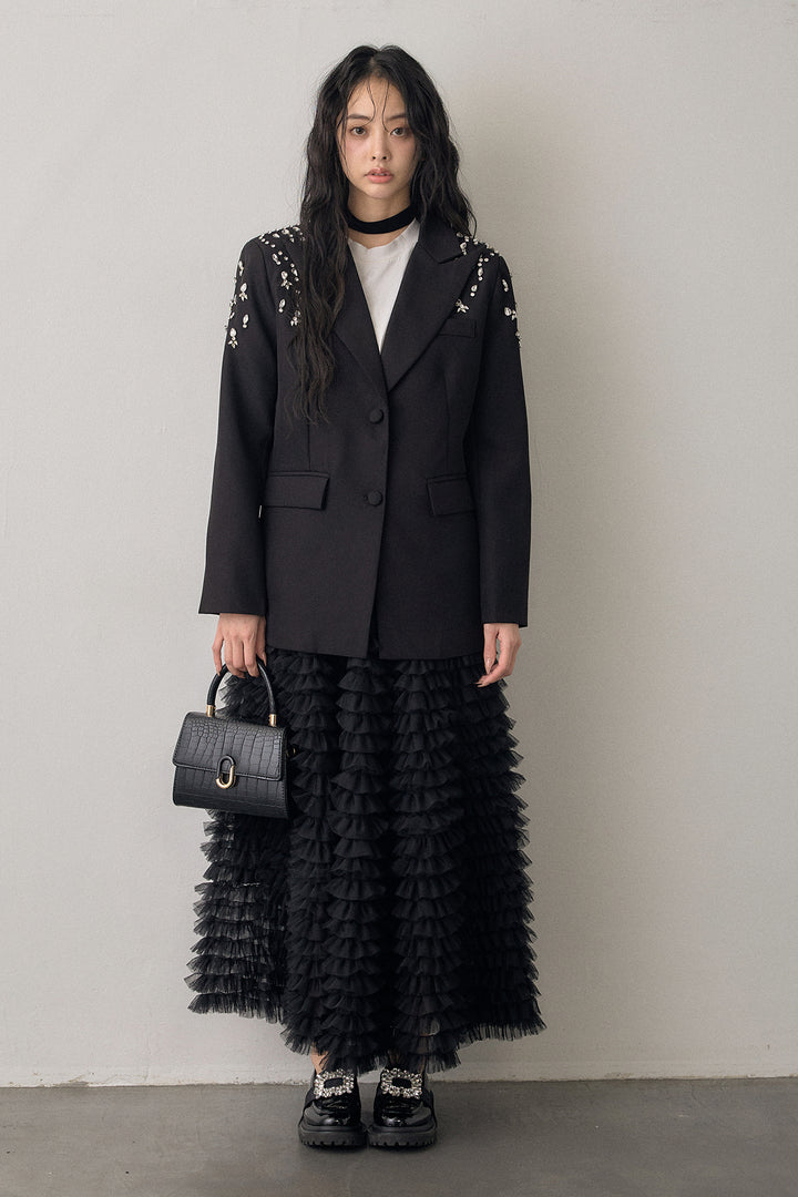 [予約/SET]ショルダービジューマニッシュジャケット+ホイップチュールティアードスカート(2set)