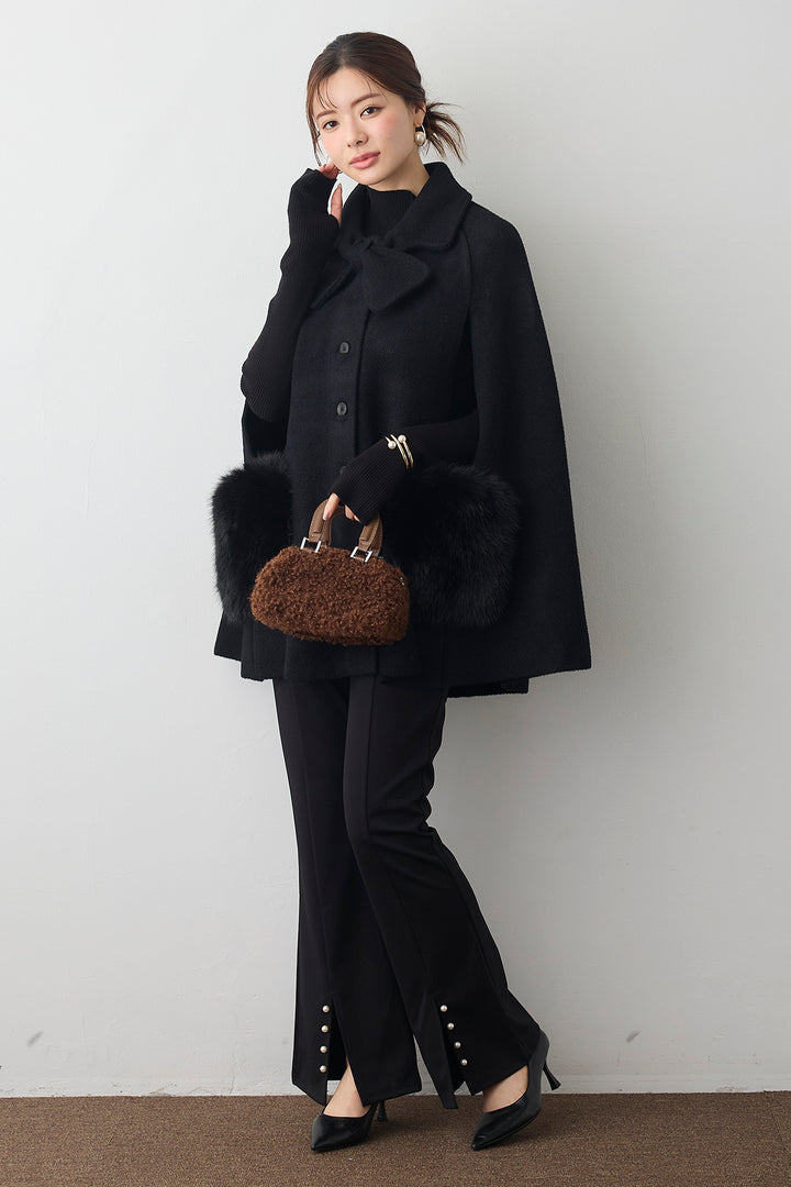 [予約/SET]ウールタッチファーポケットポンチョコート+センタースリットパールパンツ(2set)