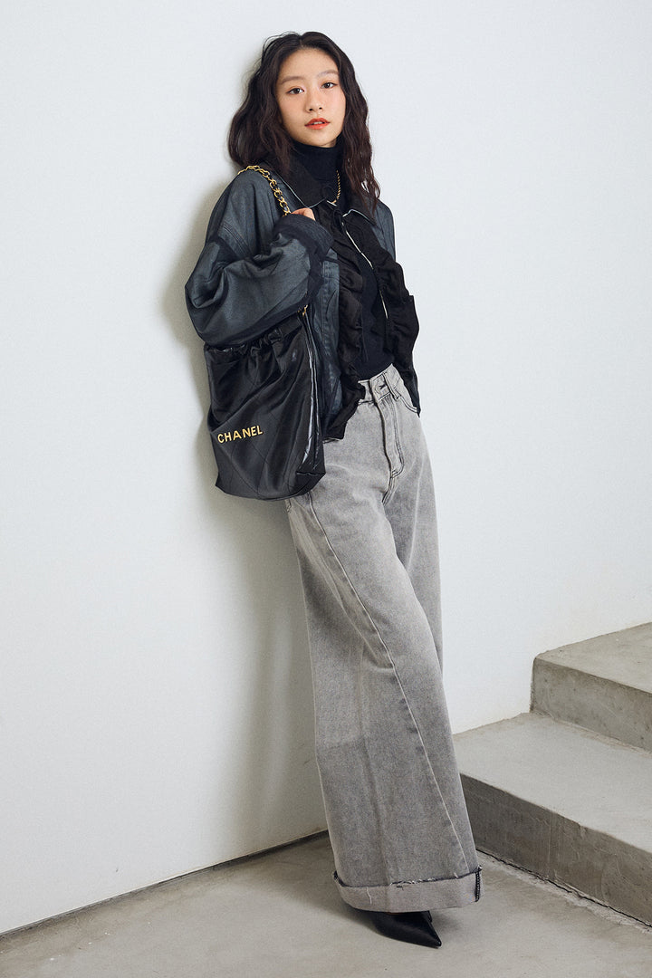 [予約/SET]デニム×チュールレイヤードフリルジャケット+切替ワイドハイウエストデニム(2set)