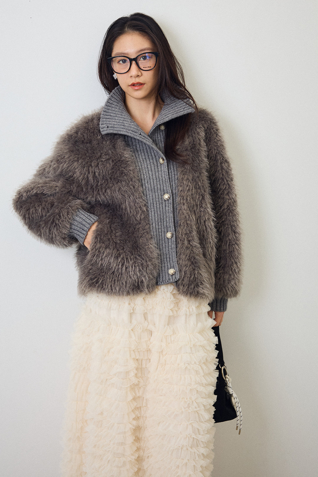 [予約/SET]シャギーファー×リブニットミックスジャケット+ホイップチュールティアードスカート(2set)