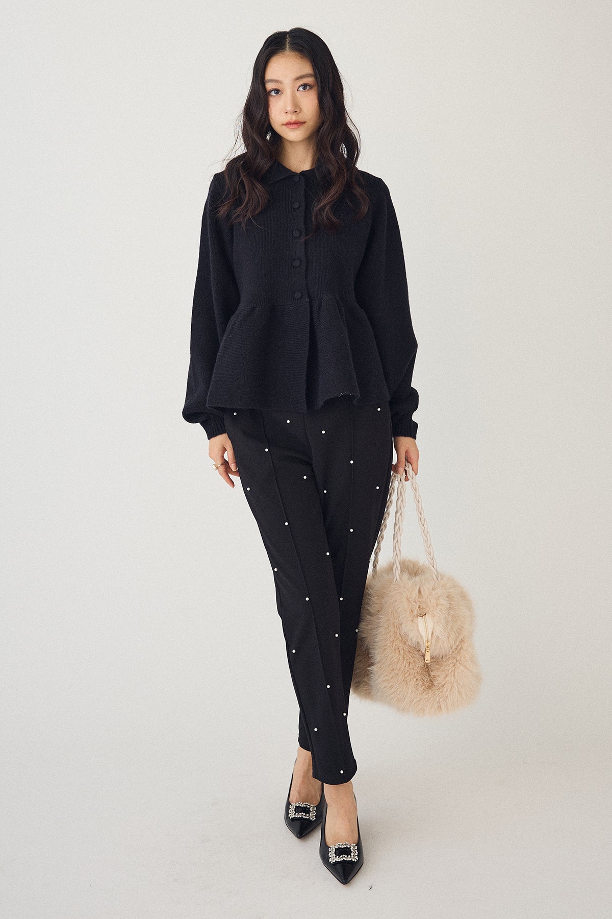 予約/SET]ポロ襟ペプラムニットプルオーバー+センターシームランダム