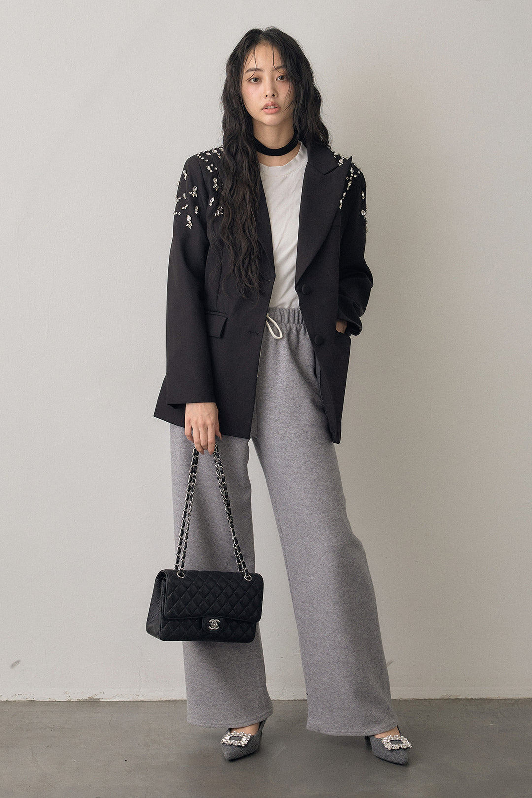 [予約/SET]ショルダービジューマニッシュジャケット+ウォームタッチイージーパンツ(2set)