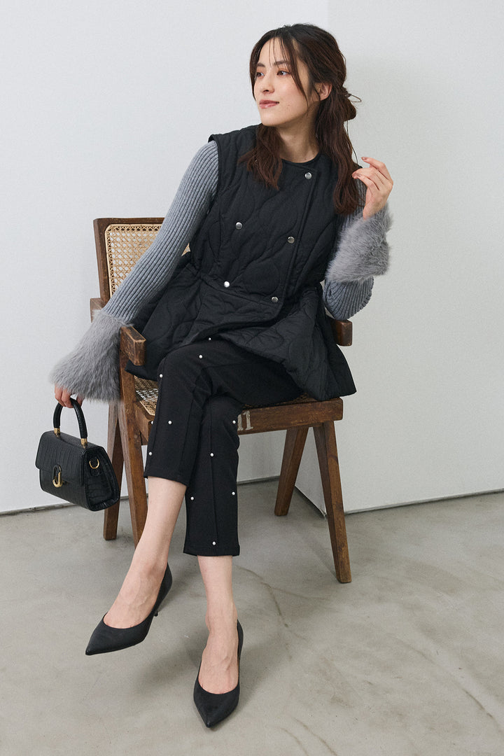 [予約/SET]キルティングフレアシルエットベスト+センターシームランダムパールパンツ(2set)