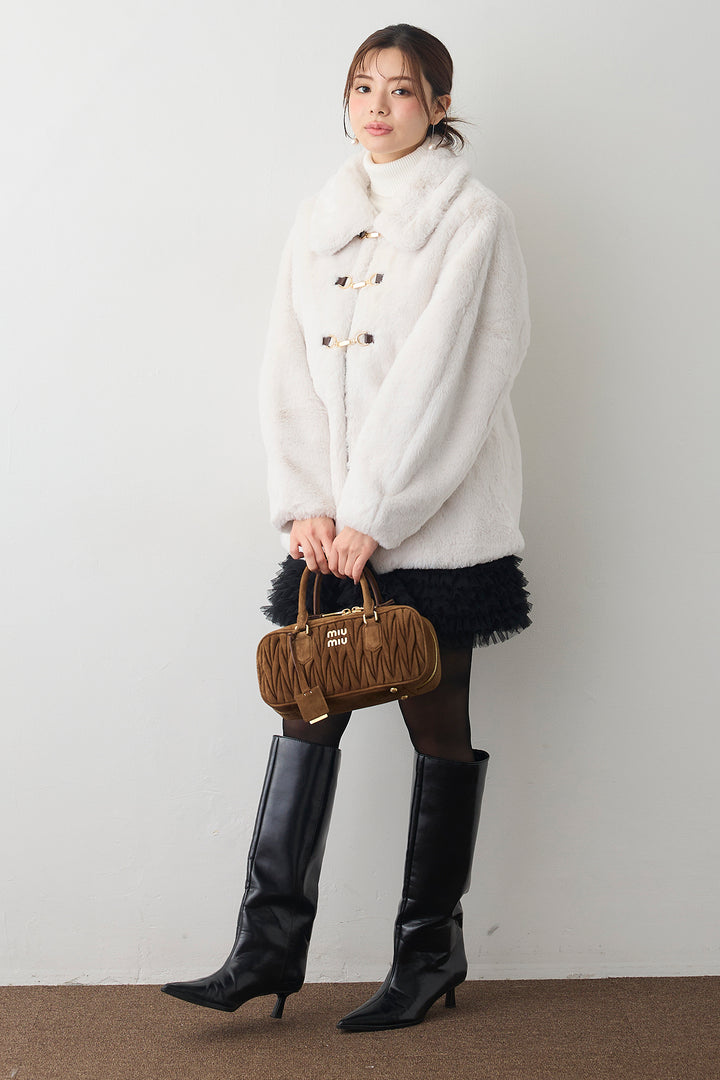 [予約/SET]ビット付きフェイクファーコート+ホイップチュールミニ丈スカート(2set)