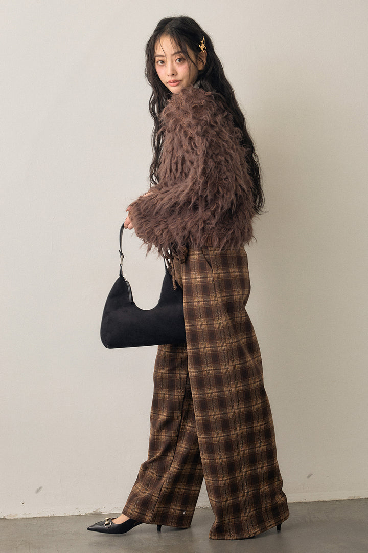 [予約/SET]2連パール付け襟+ループシャプルオーバーニット+クラシカルチェックフラワーモチーフ付きパンツ(3set)